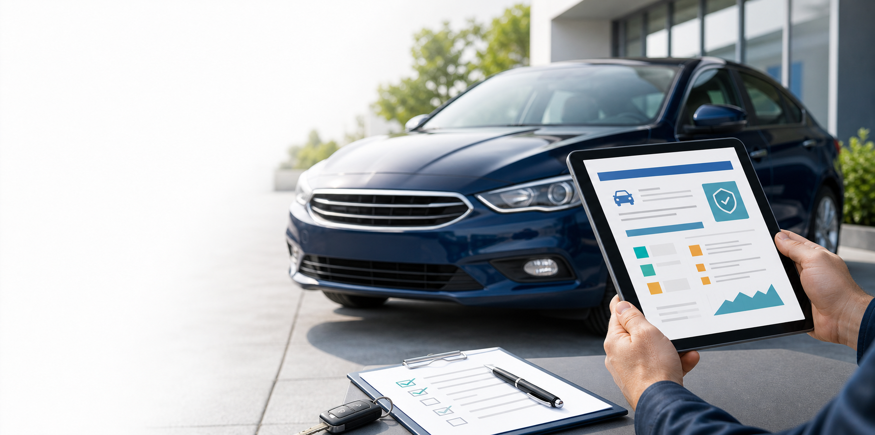 Used car inspection with a vehicle history report on a tablet